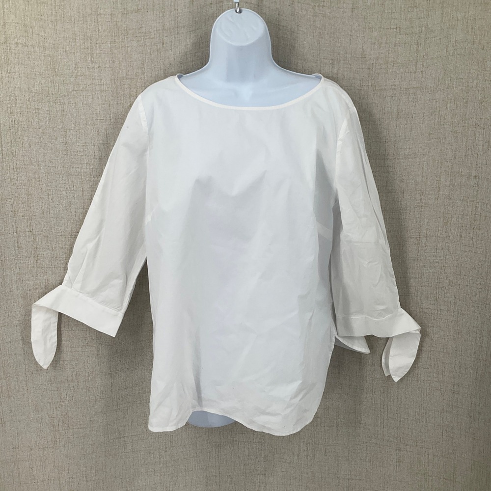 Talbots Blouse Womens LP White Cotton Tie Cuff Boat Neck Classic Minimalist Top